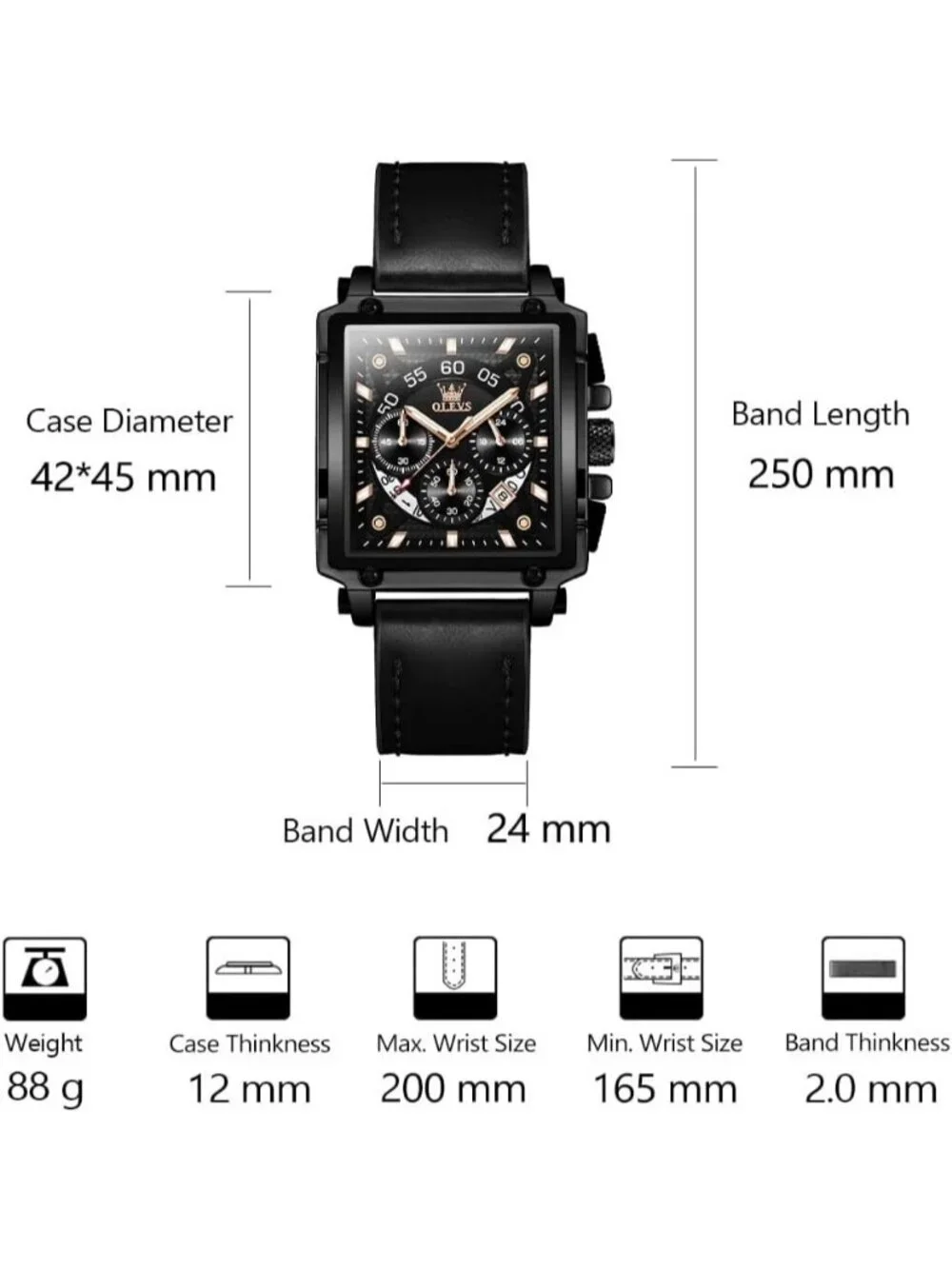 Men's Jet Black Leather Chronograph Watch Big Face Waterproof Luminous Watch